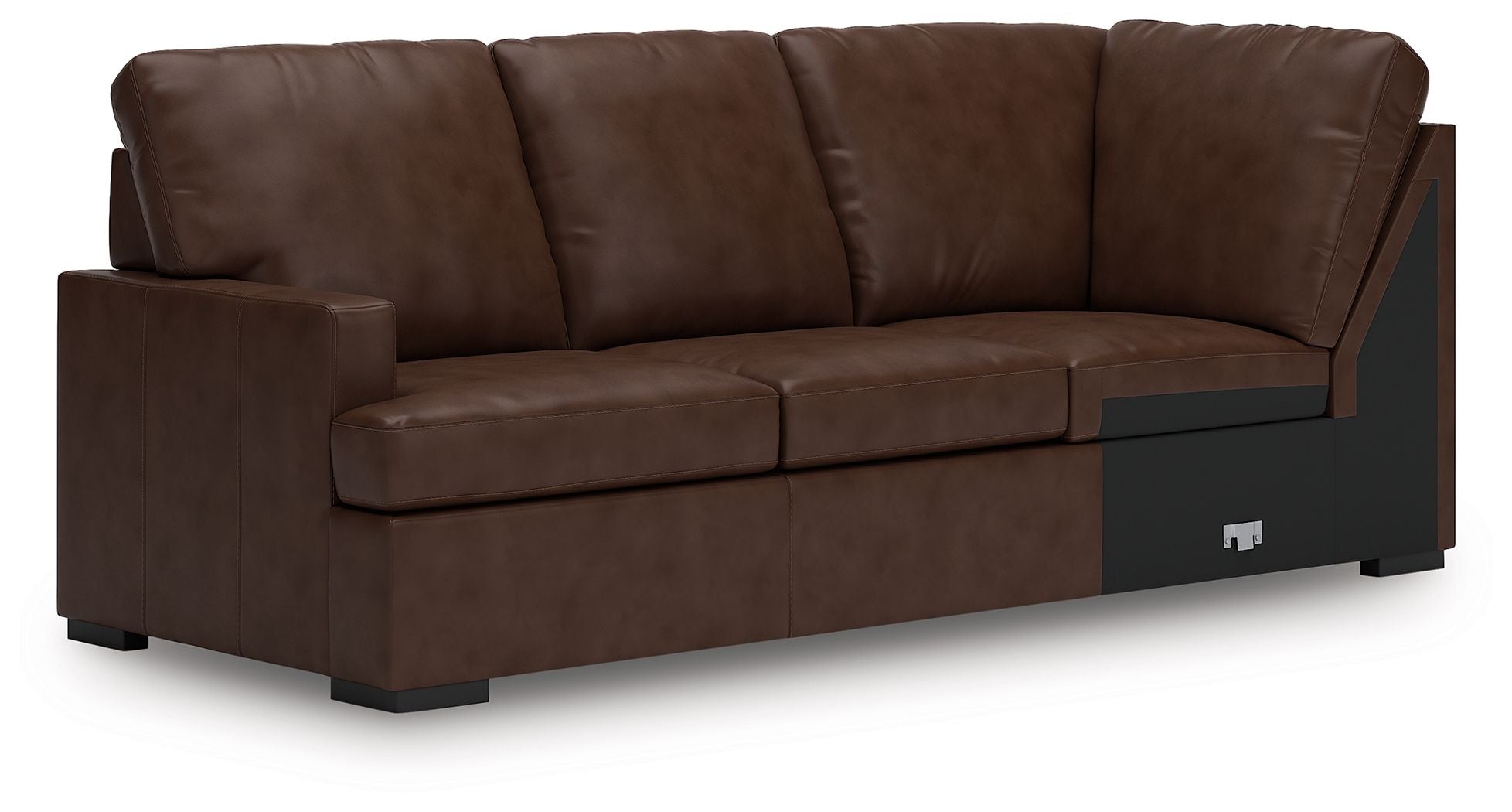 Coffee brown sofa with left corner wedge, tufted back cushions and boxy arms
