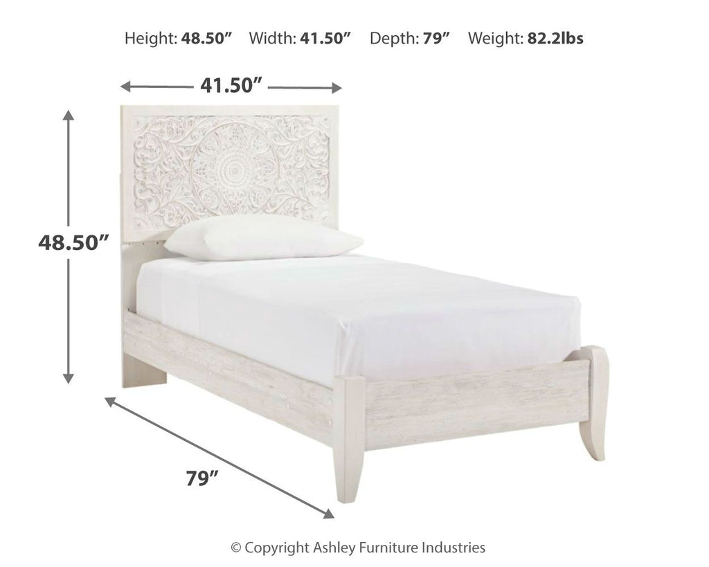 White panel bed with labeled measurements (41.5 in W, 79 in D, 48.5 in H)