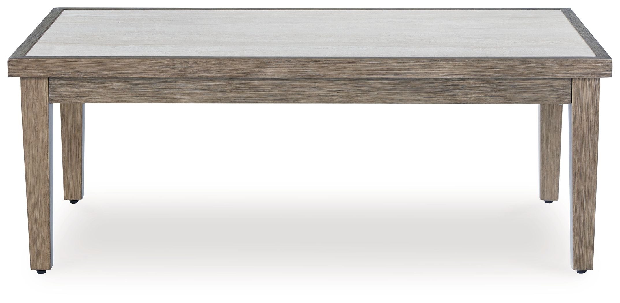 Rectangular cocktail table with pale tabletop and light wood frame, corner legs