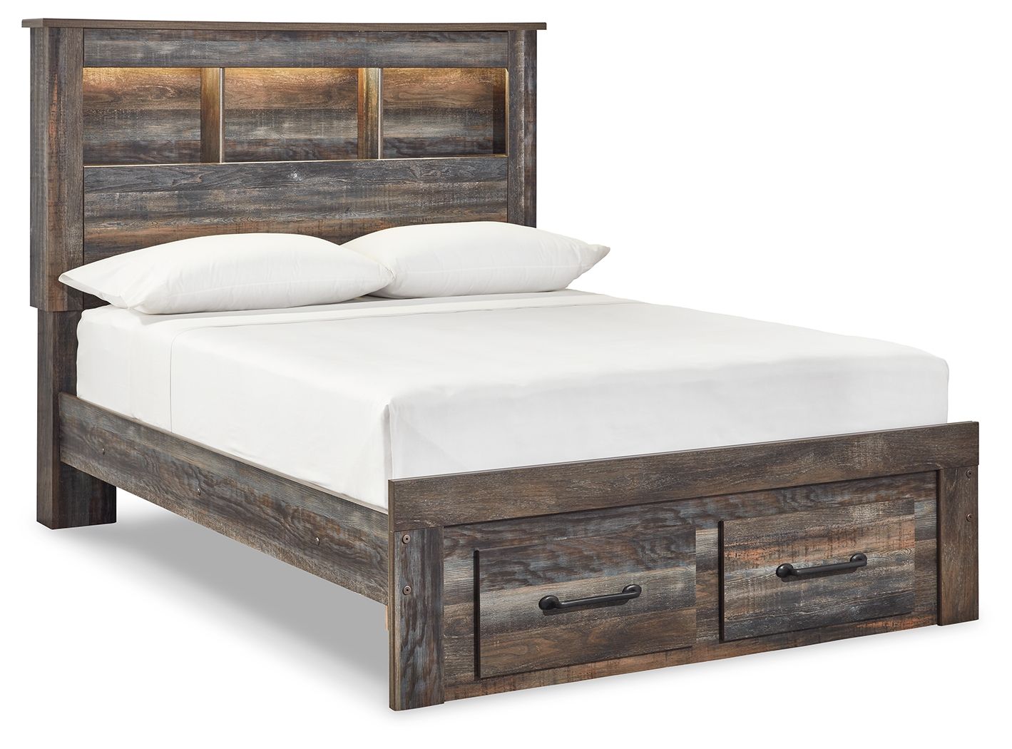 Panel bookcase bed with dark wood frame, open shelf headboard, and two front drawer doors