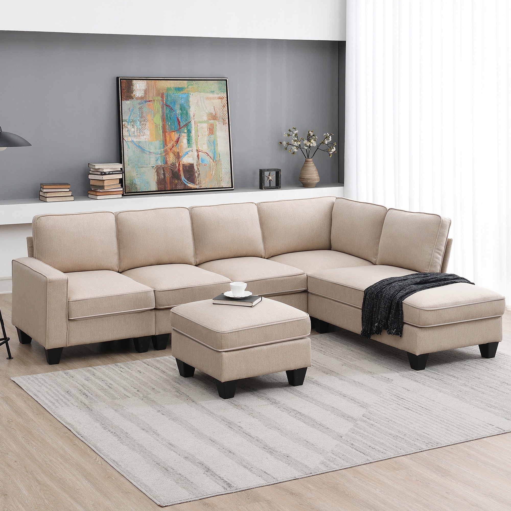 104" Modern L-Shaped Modular Sectional Sofa - Chaise & Ottoman - Brown