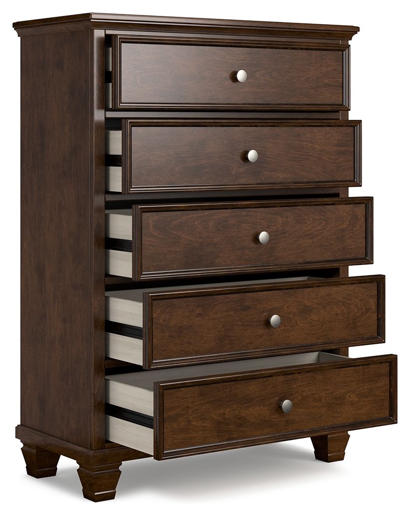 Brown five-drawer chest with drawers partially open, round metal knobs and visible interiors