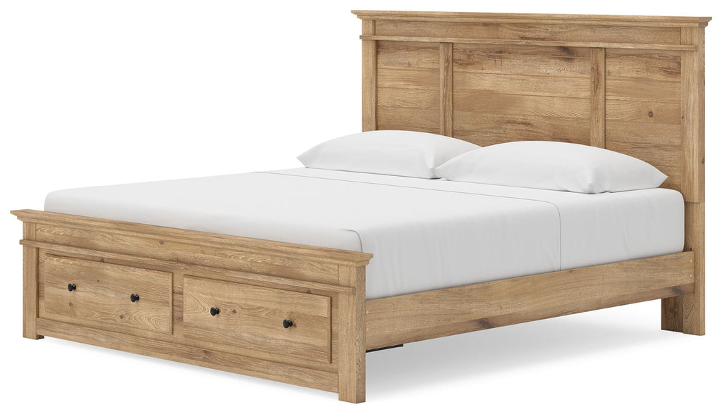 Light brown wooden storage bed with panel headboard, front drawers, and white mattress with pillows