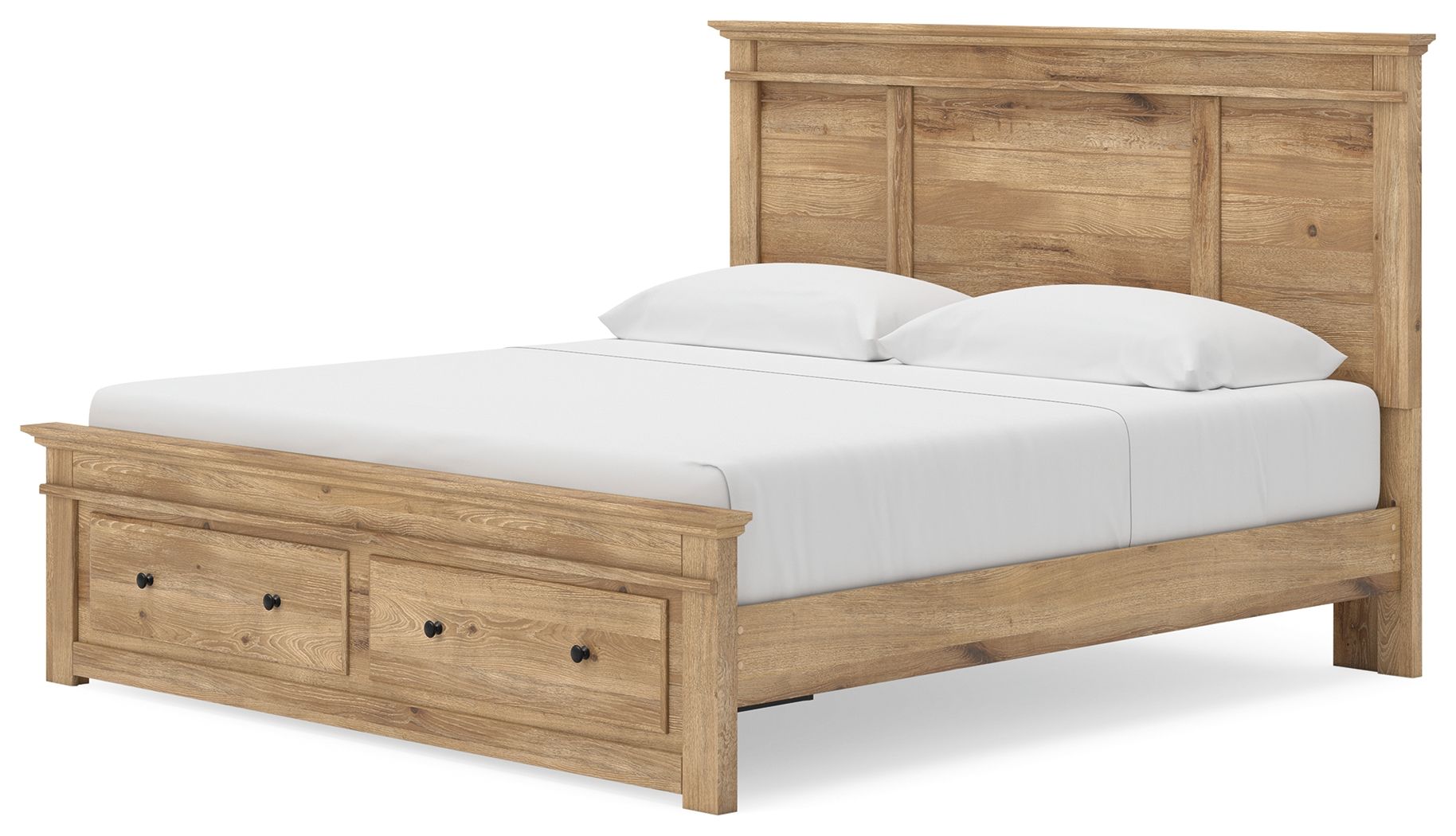 Light brown wooden storage bed with panel headboard, front drawers, and white mattress with pillows