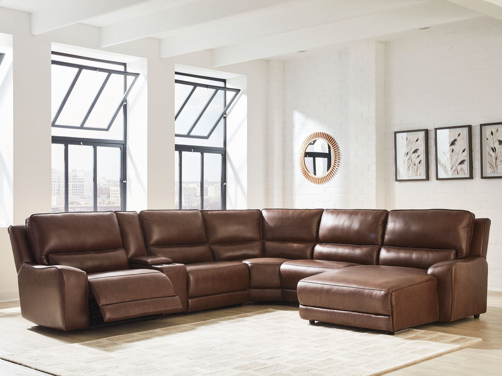 Brown power reclining sectional sofa with chaise and recliner footrest cushions