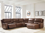 Brown power reclining sectional sofa with chaise and recliner footrest cushions