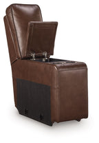 Brown upholstered console with storage, open top with latch hardware