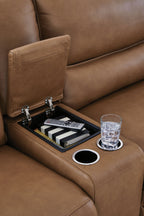 Power reclining sectional console with controls and built-in cup holder