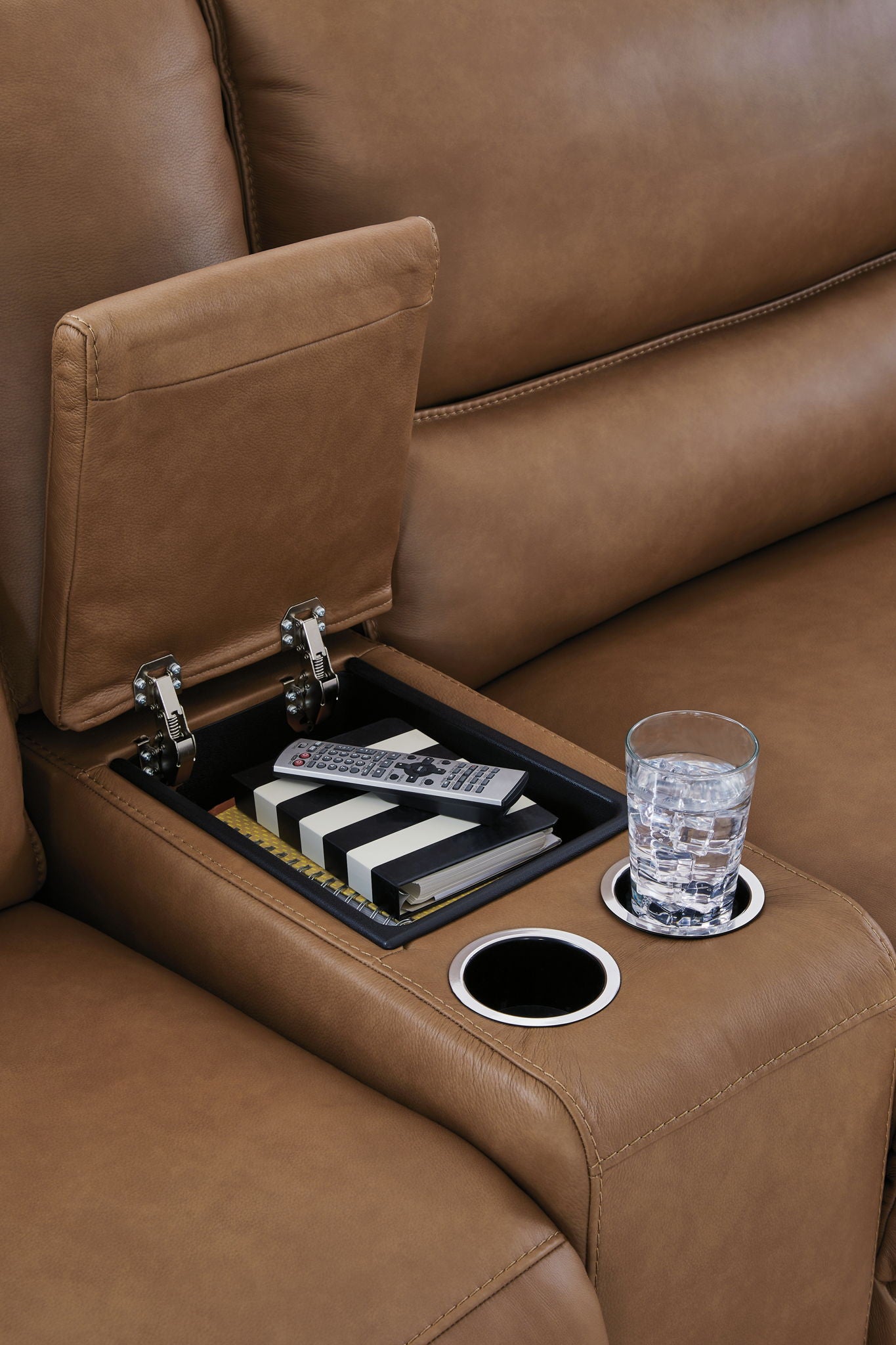 Power reclining sectional console with controls and built-in cup holder