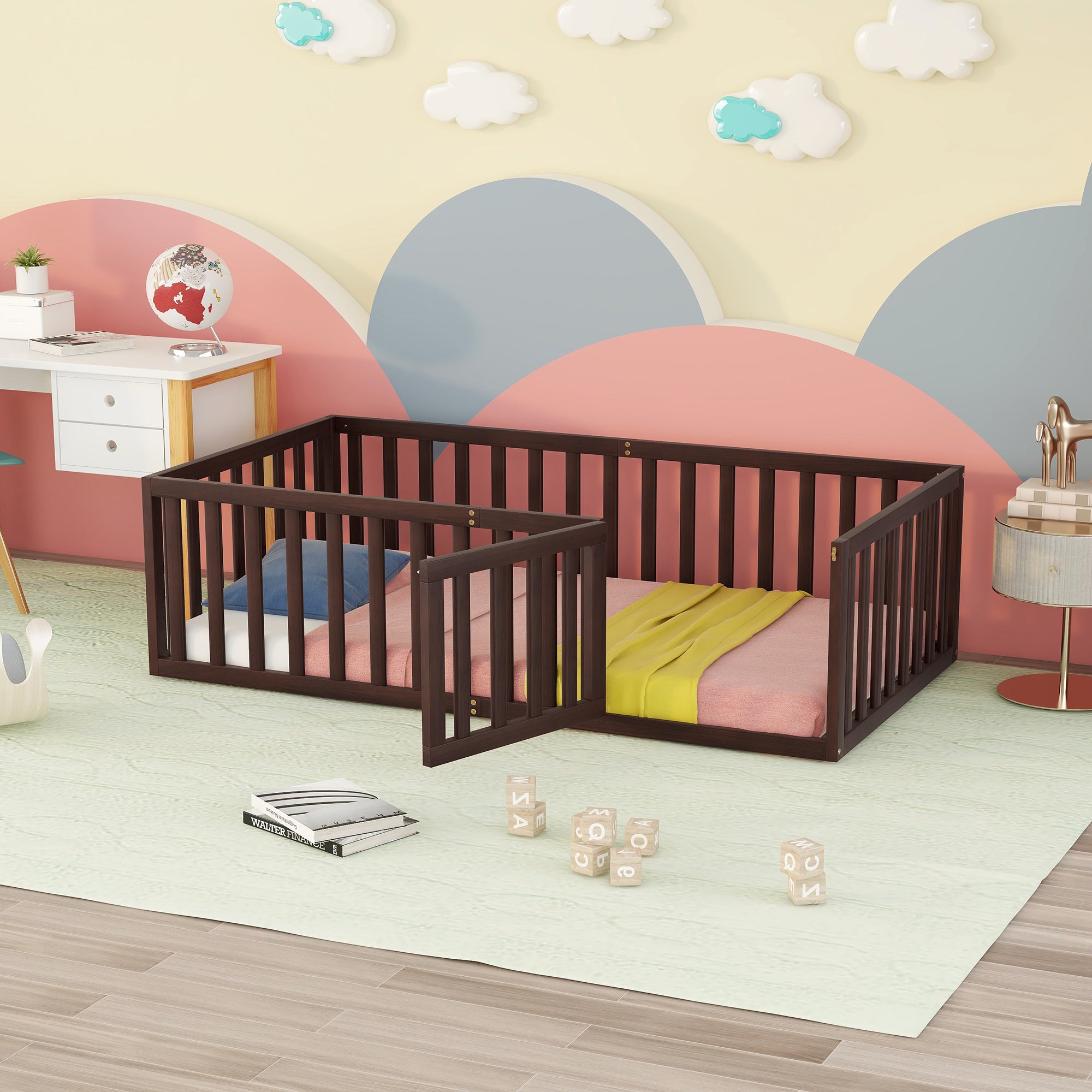 Kids Twin Wood Floor Bed Frame w/ Fence & Door - Walnut