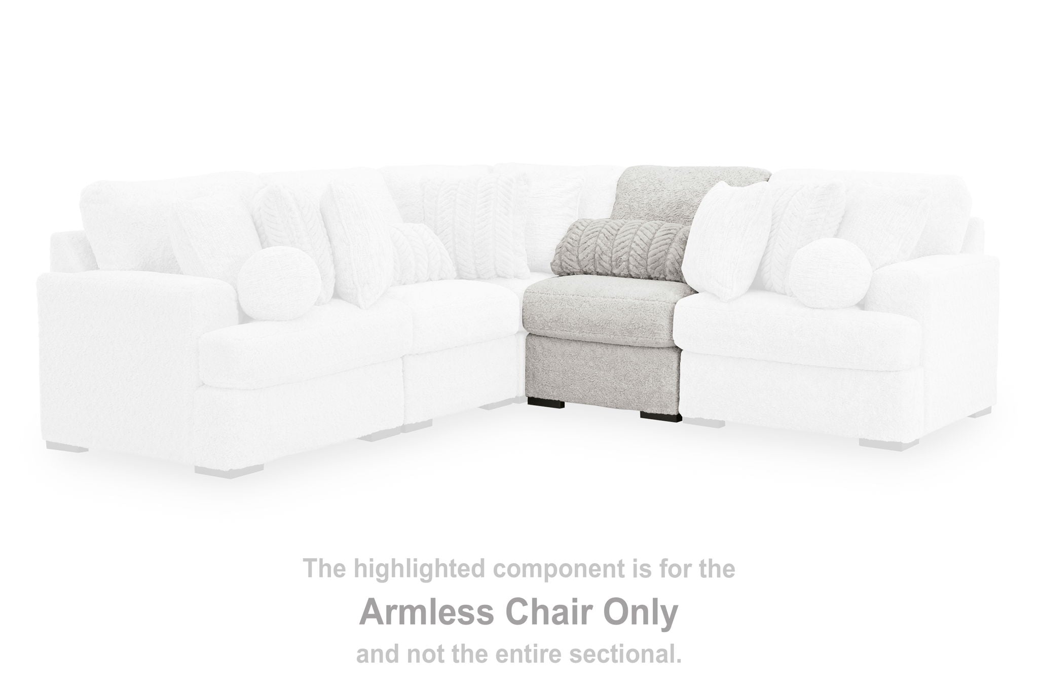 Light gray armless chair section with tufted cushions and matching patterned throw pillow