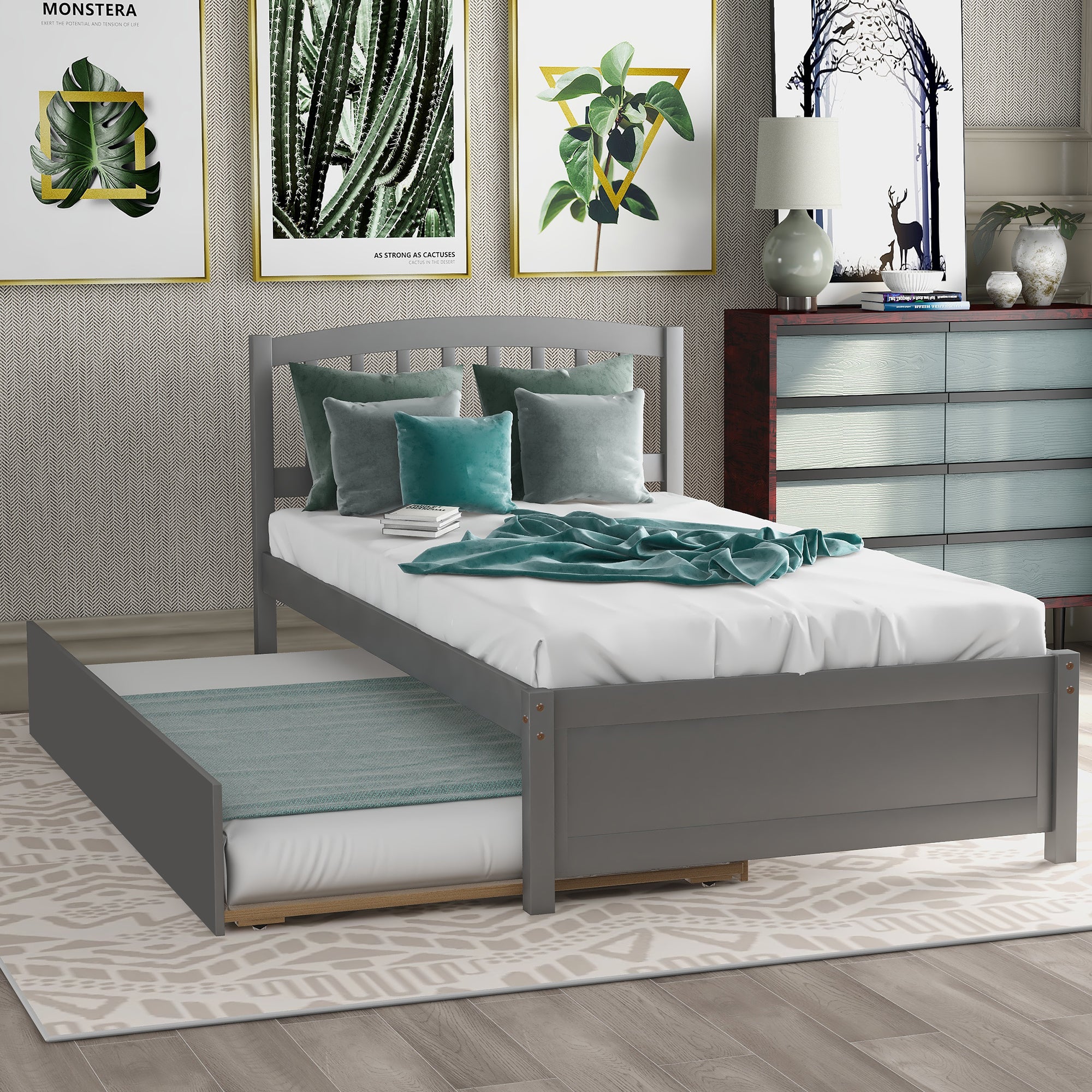 Twin Platform Wood Bed Frame with Trundle - Gray