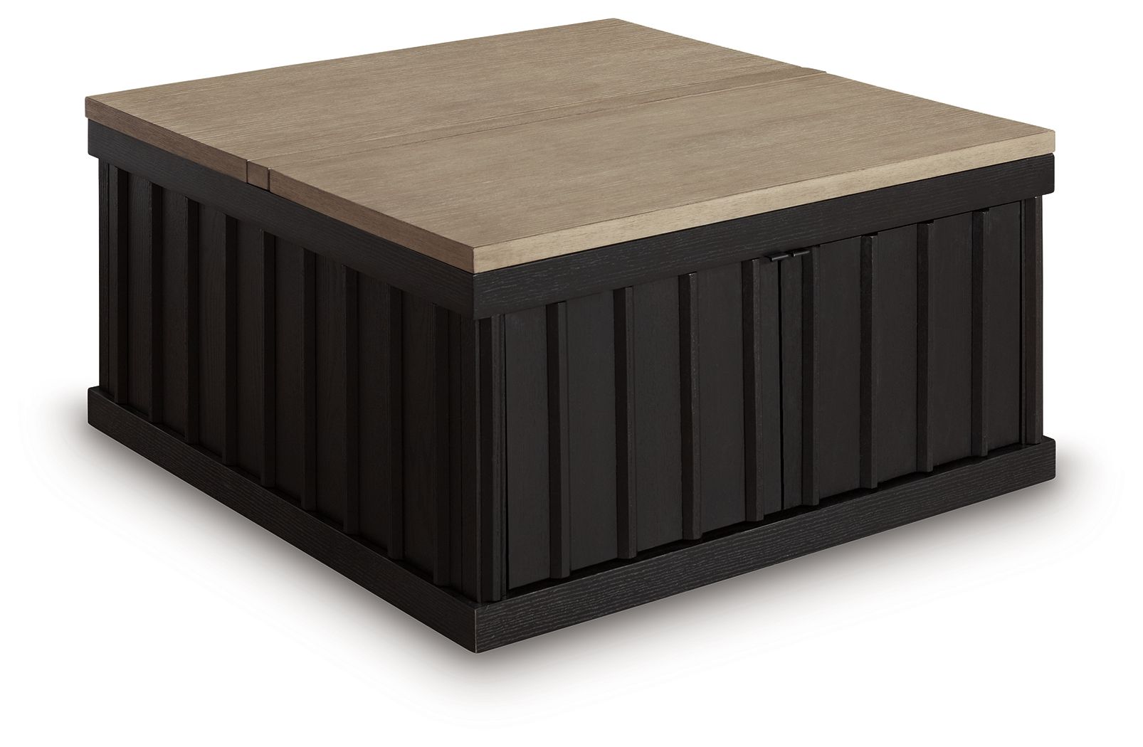 Lift-top cocktail table with light brown wood top and black slatted base