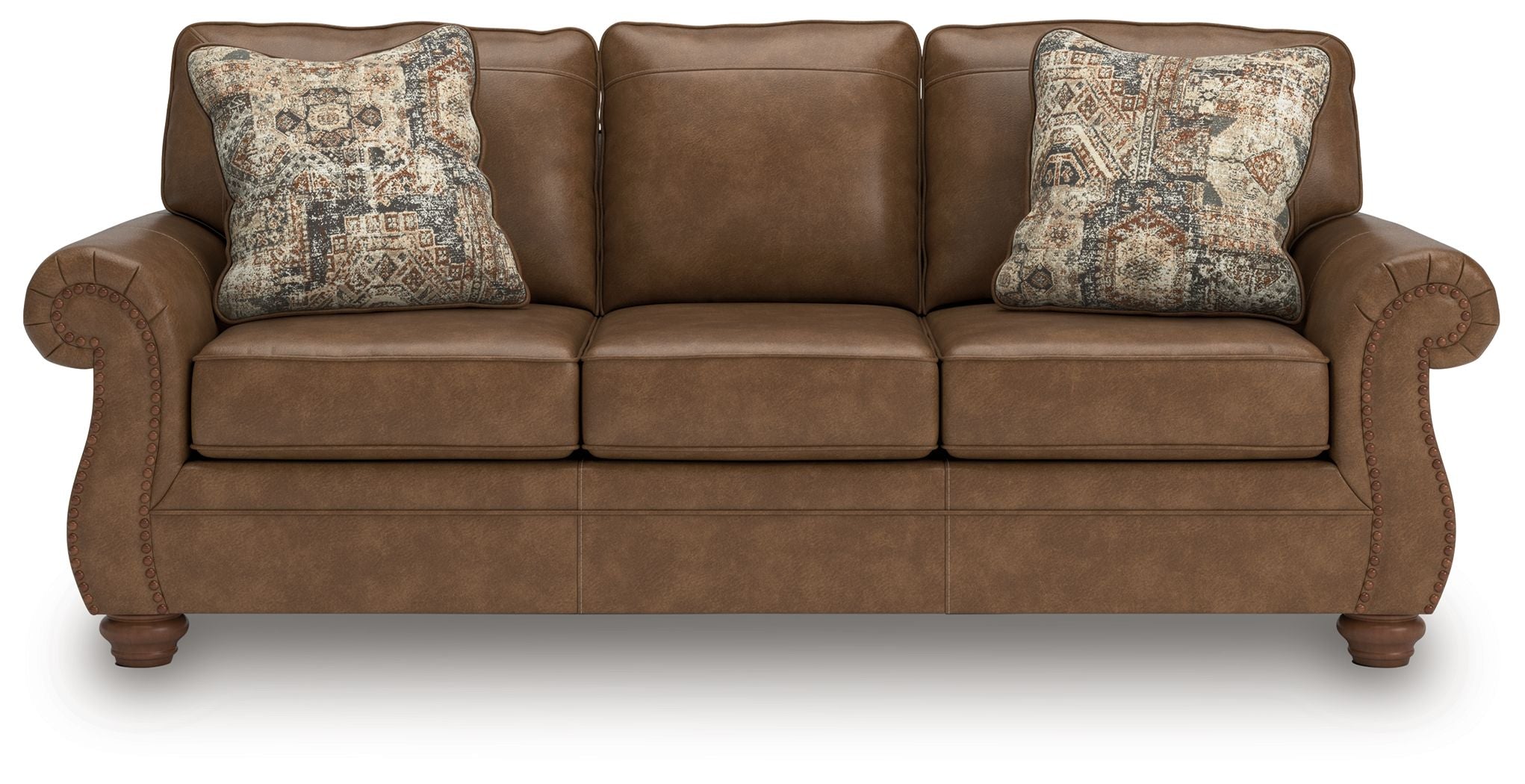 Chasemore sofa in dark brown with two patterned accent pillows