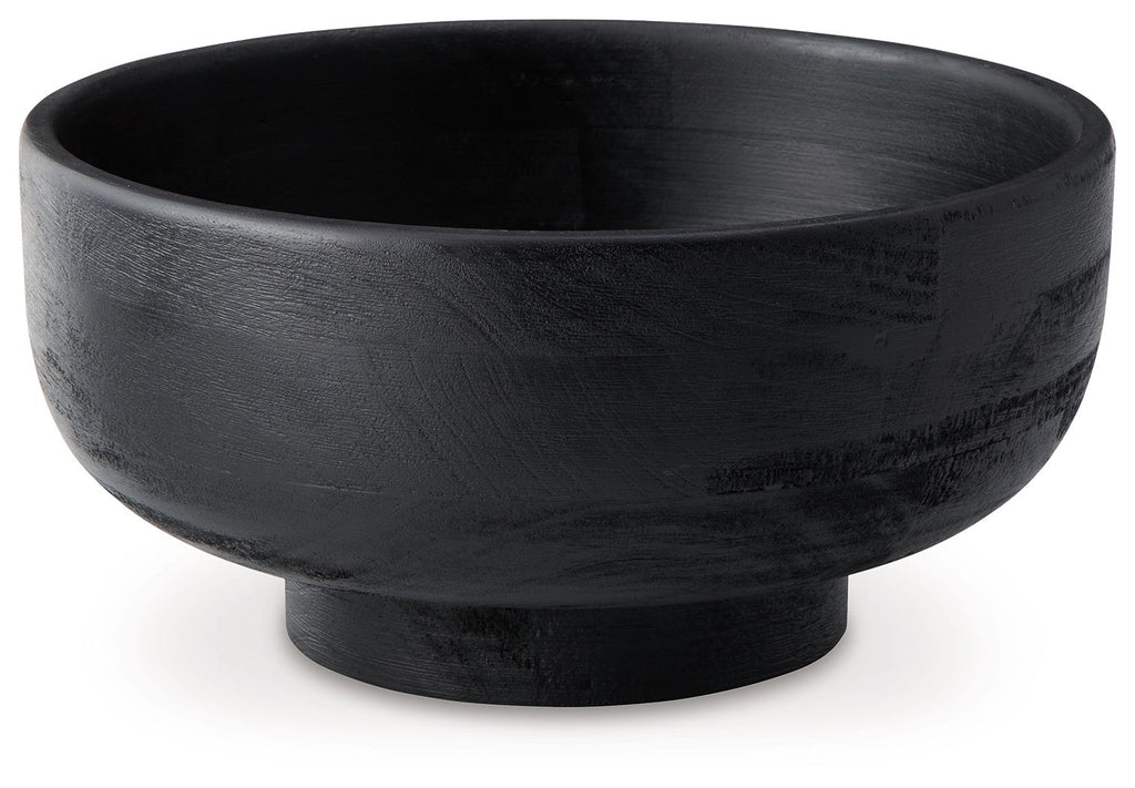 Bowl by Brynington in black, round shape with wide rim and pedestal base