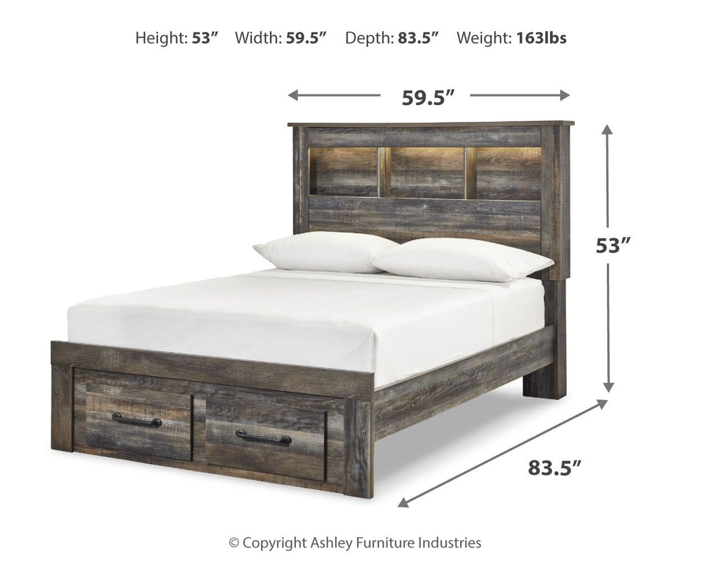 Compact panel bookcase bed with dark wood frame, white mattress, and two drawers