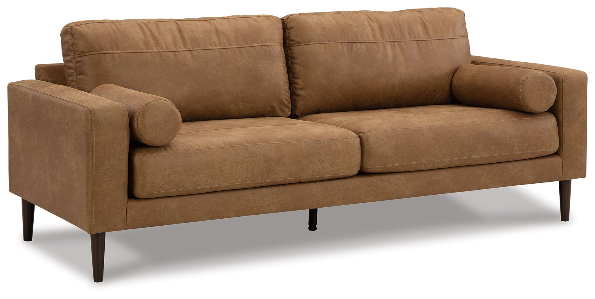 Light brown upholstered loveseat with rounded armrests and cushioned seat