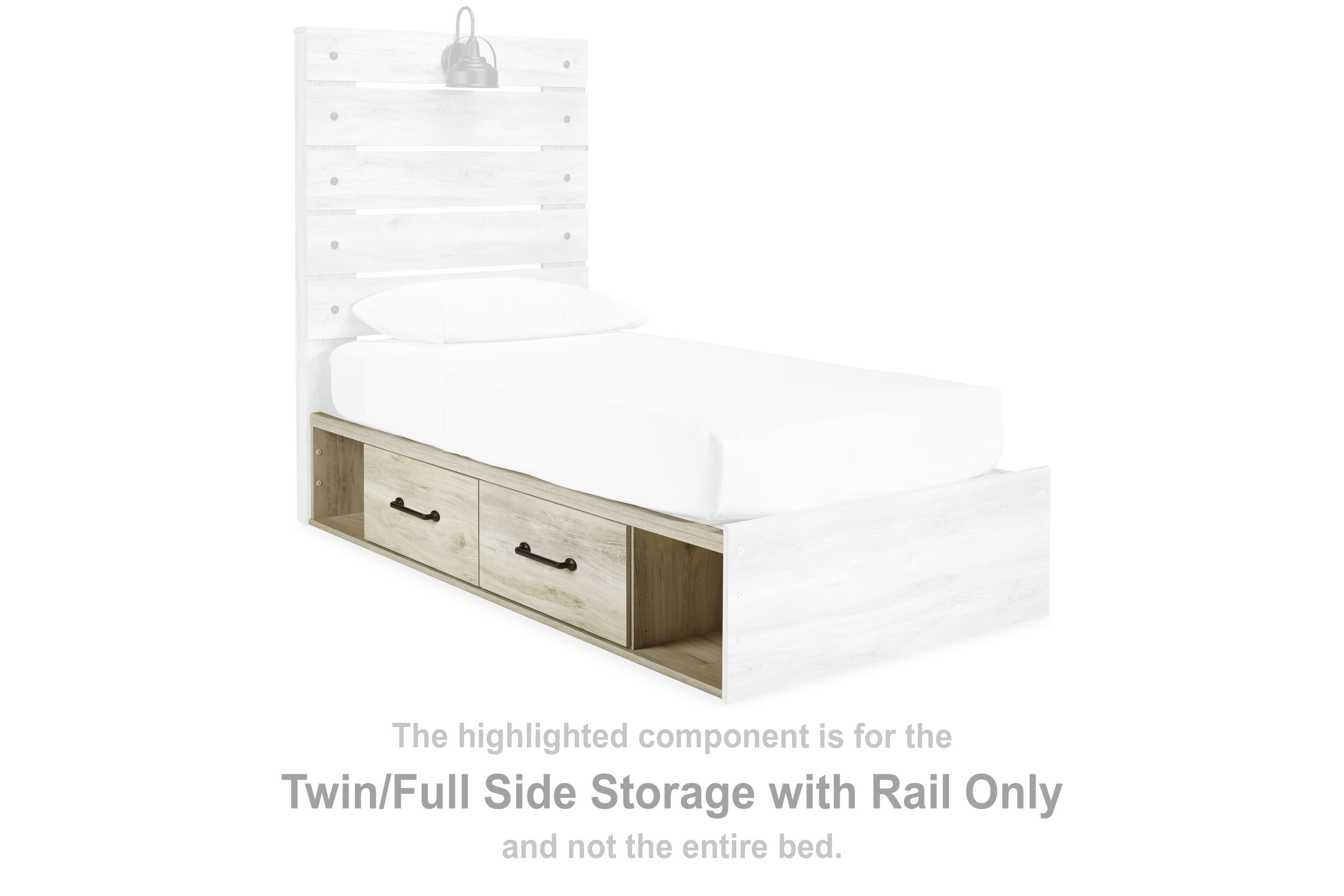 Cambeck side storage with rail, whitewash, drawers under bed platform