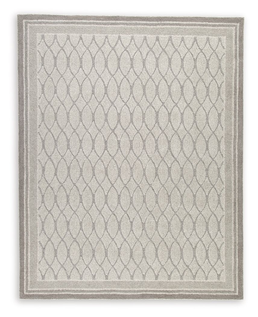 Gray rug with repeating trellis diamond shapes and border frame