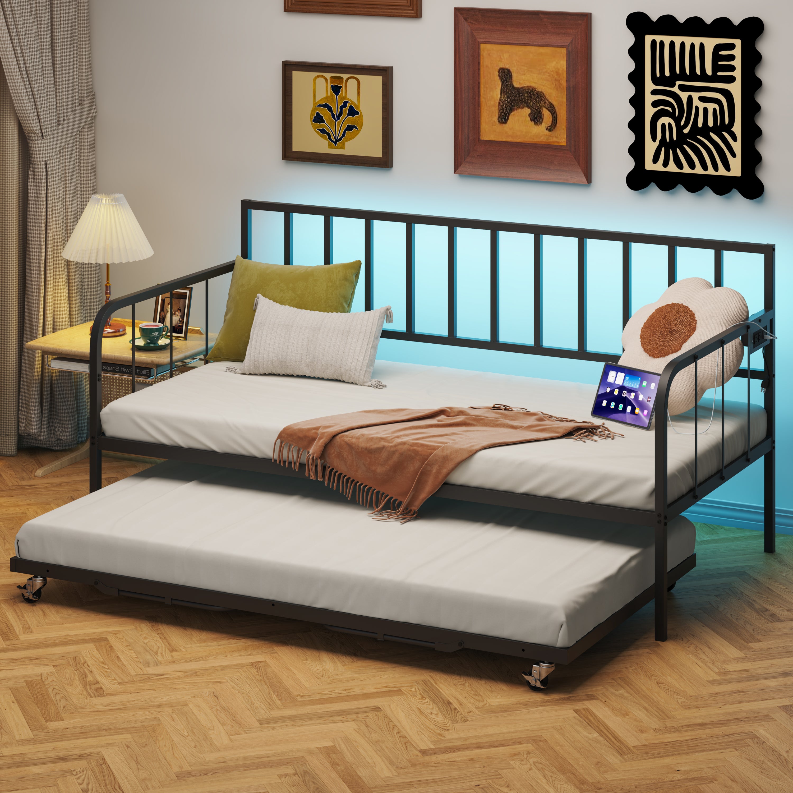 Twin Daybed with Trundle - Metal Sofa Bed Frame, Space Saving