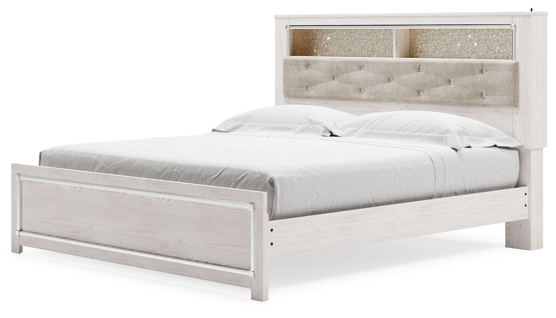 White king bookcase panel bed with upholstered headboard and wide foot drawer
