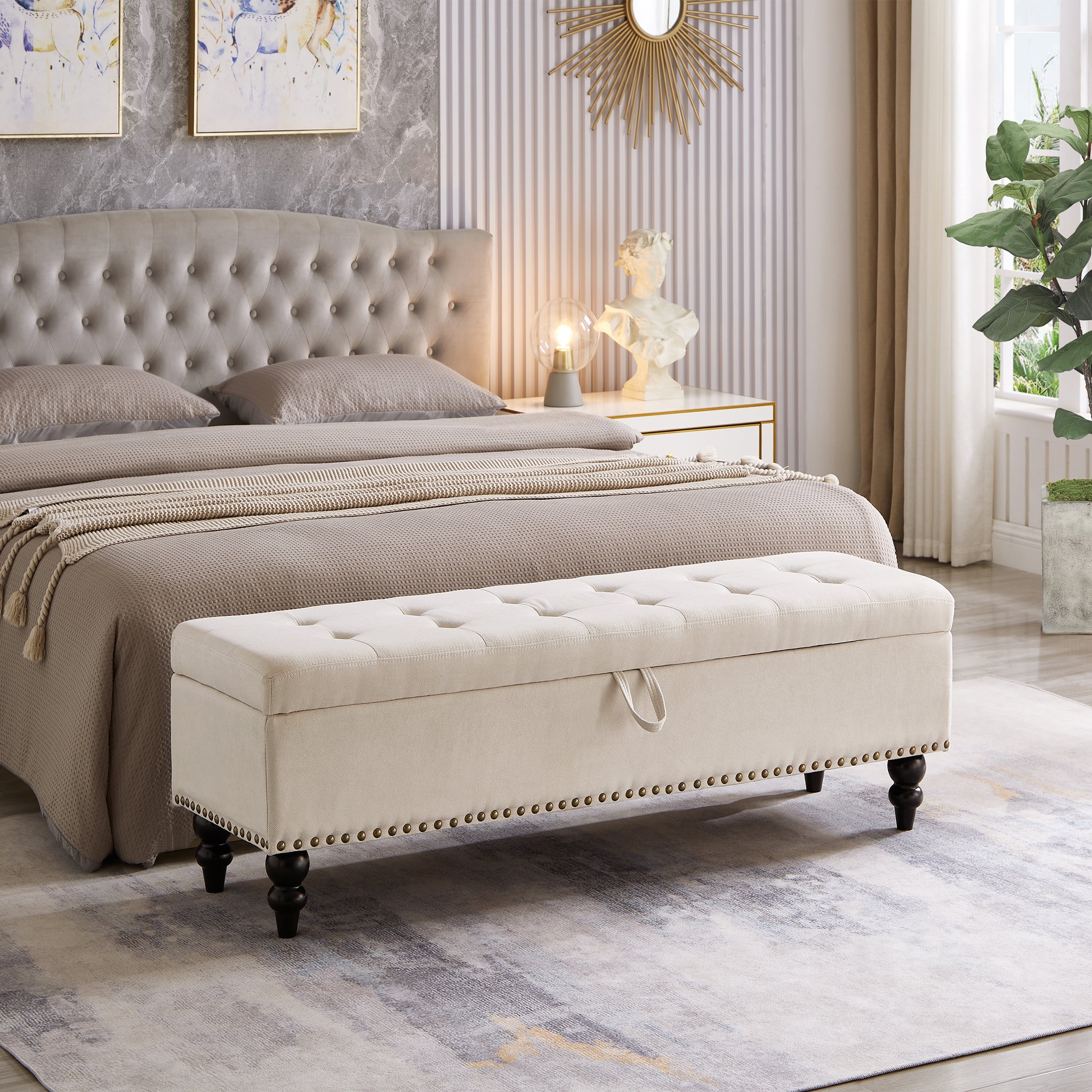 59" Beige Fabric Storage Bed Bench Ottoman