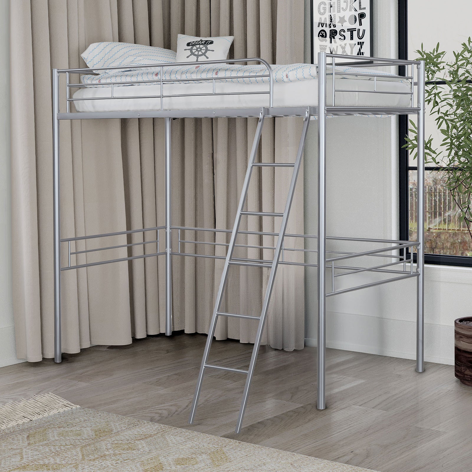 Contemporary Silver Metal Twin Loft Bed with Open Area Underneath
