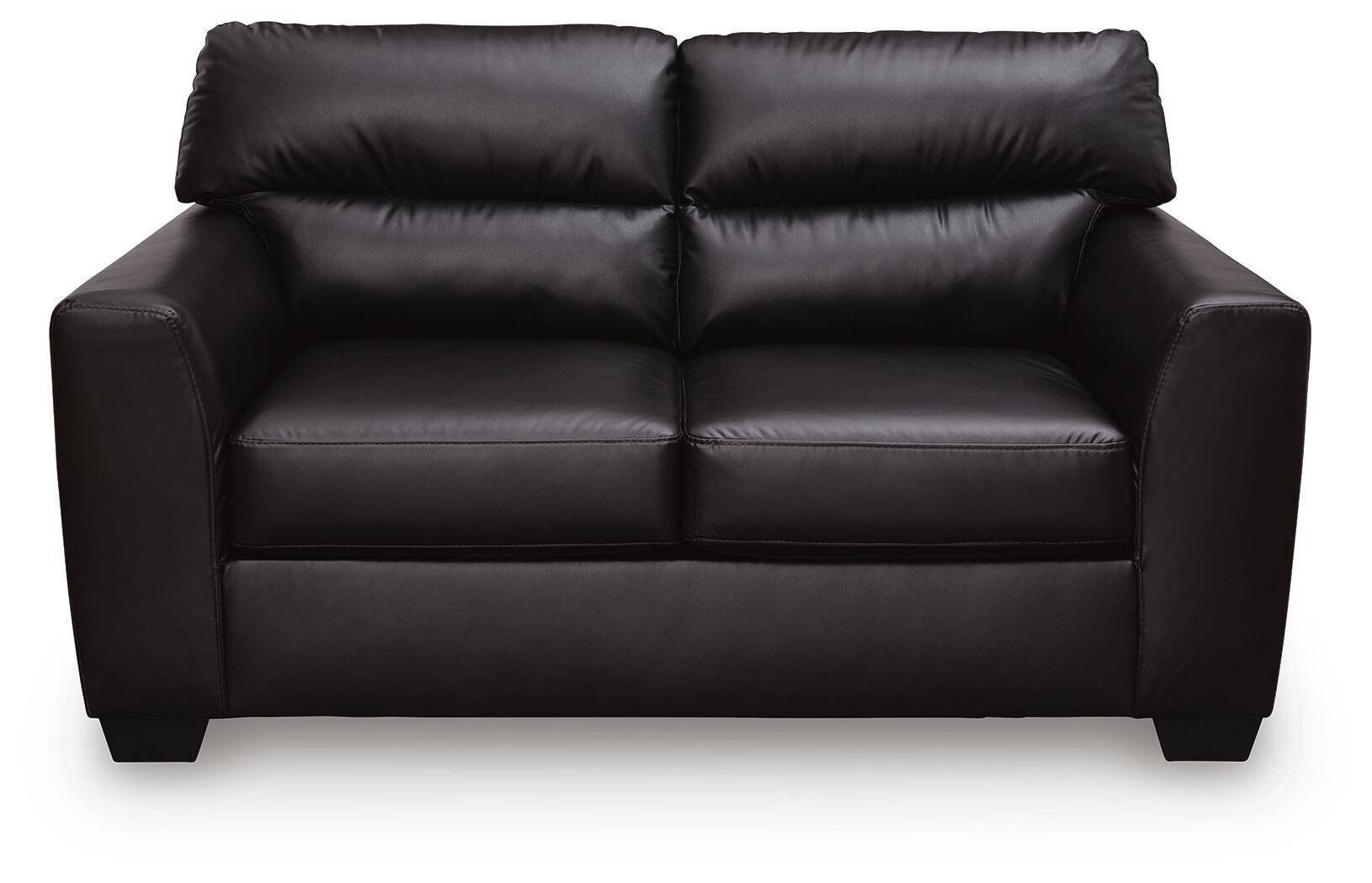Dark leather-look loveseat with tufted backrest and two wide seat cushions