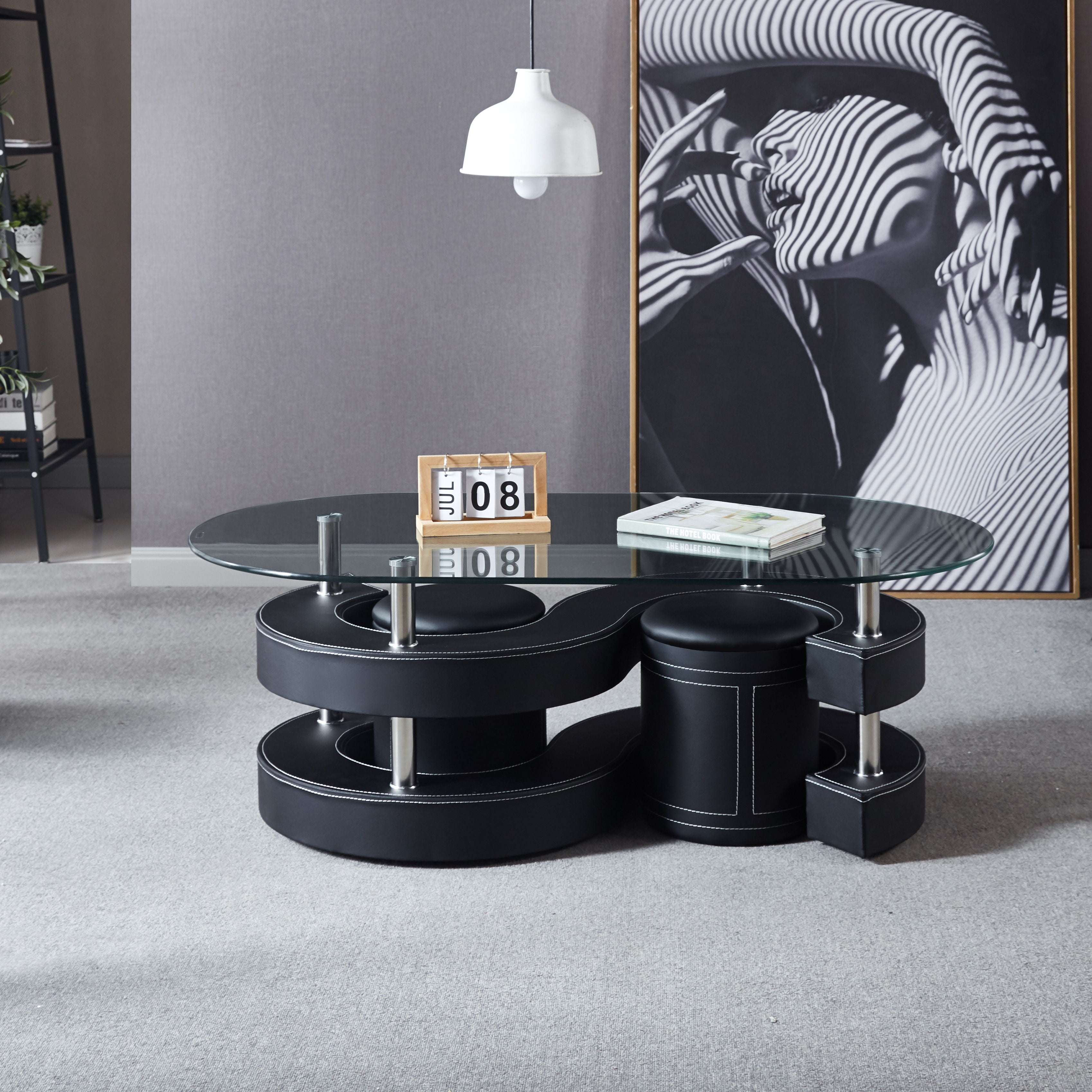 3 Pieces Coffee Table Set, Oval 10Mm / 0.39" Thick Tempered Glass Table And 2 Leather Stools - Black