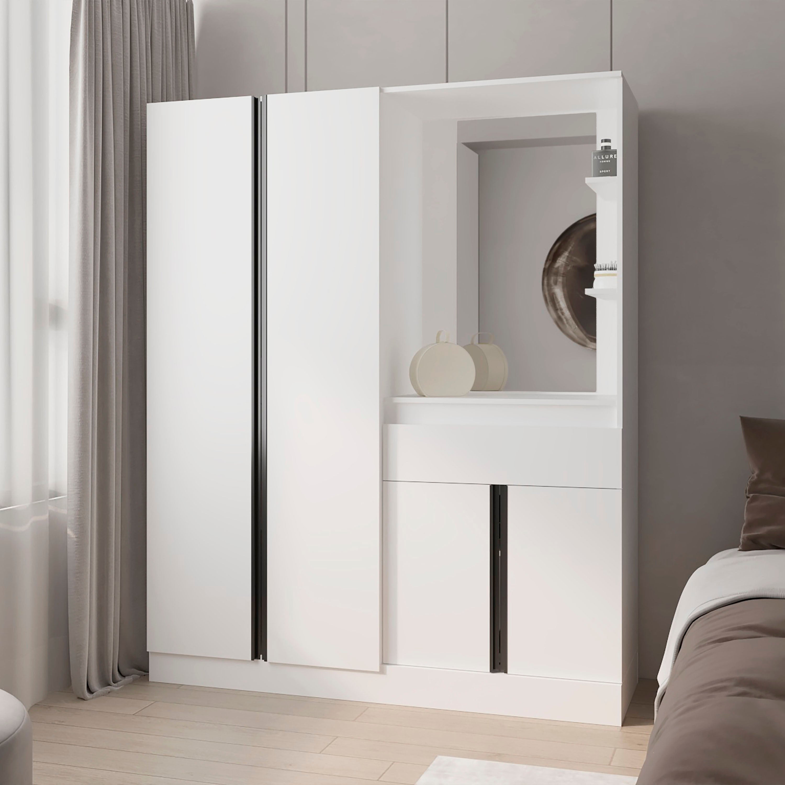 White Wardrobe: Vanity Mirror & Storage, Multi-functional