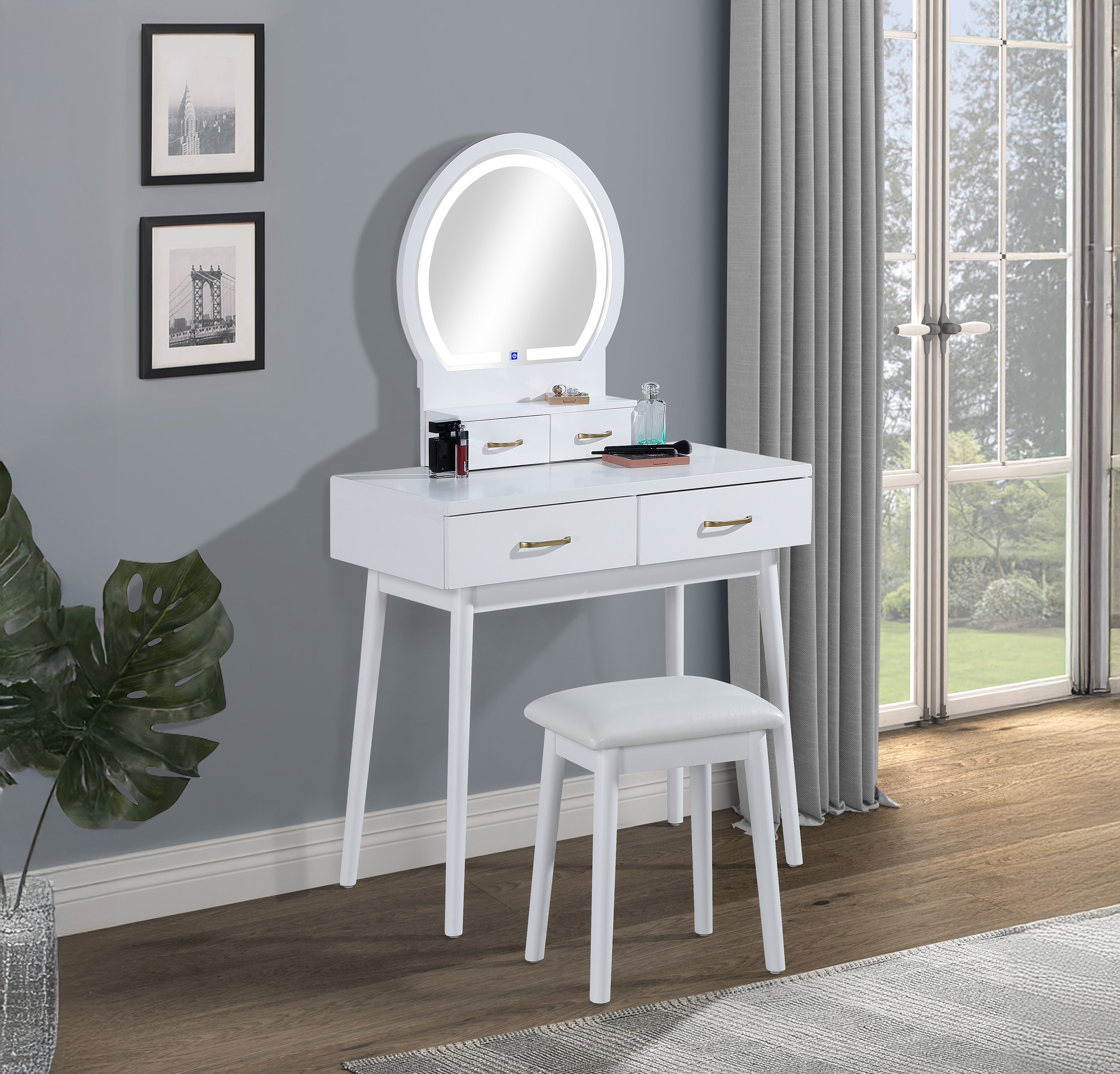 White 3pc Vanity Set: LED Mirror, Stool, Gold Handles