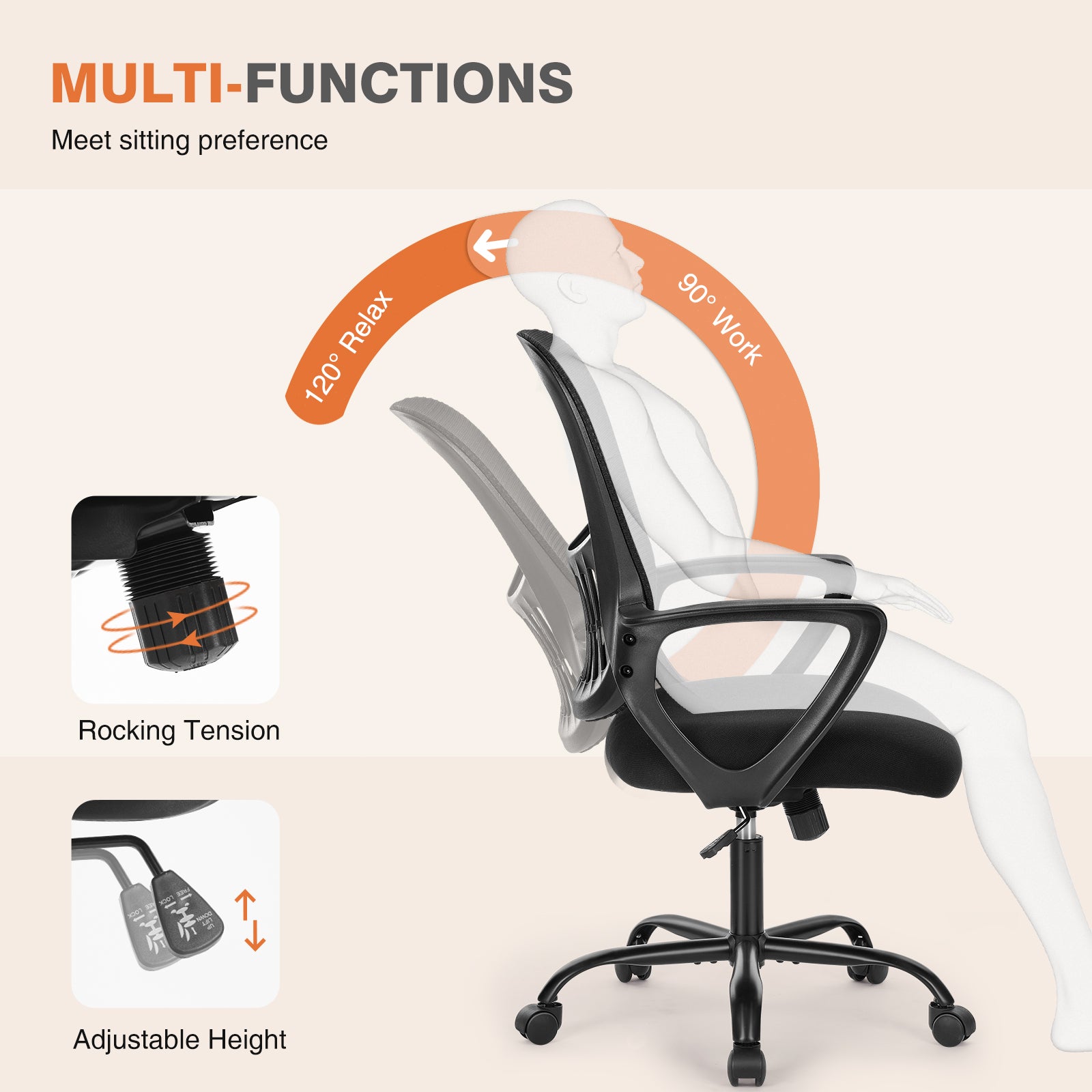 Ergonomic Office Chair Mesh w/ Fixed Armrest - Home/Desk