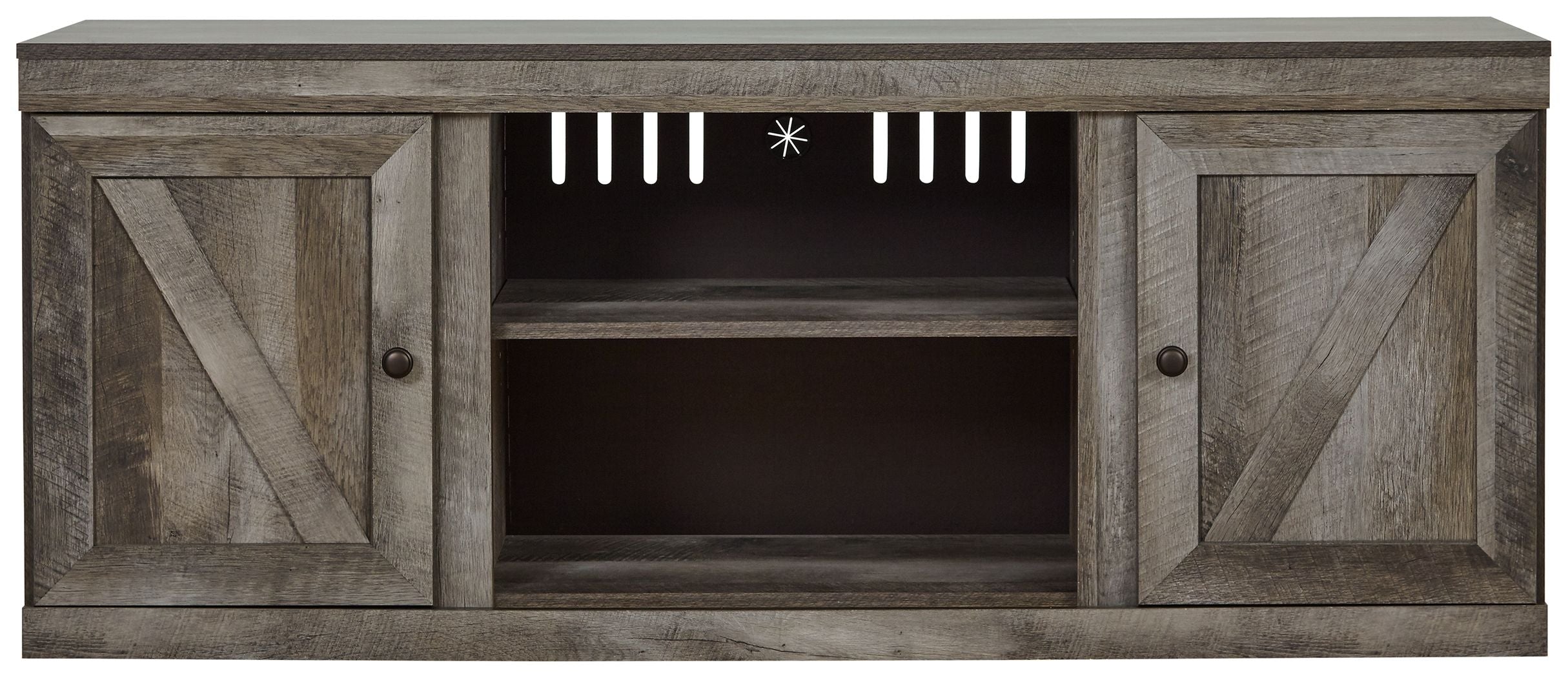 Gray TV stand with fireplace option, two doors and central fireplace opening