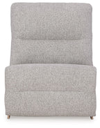 Pewter gray upholstered armless chair back and seat with curved top