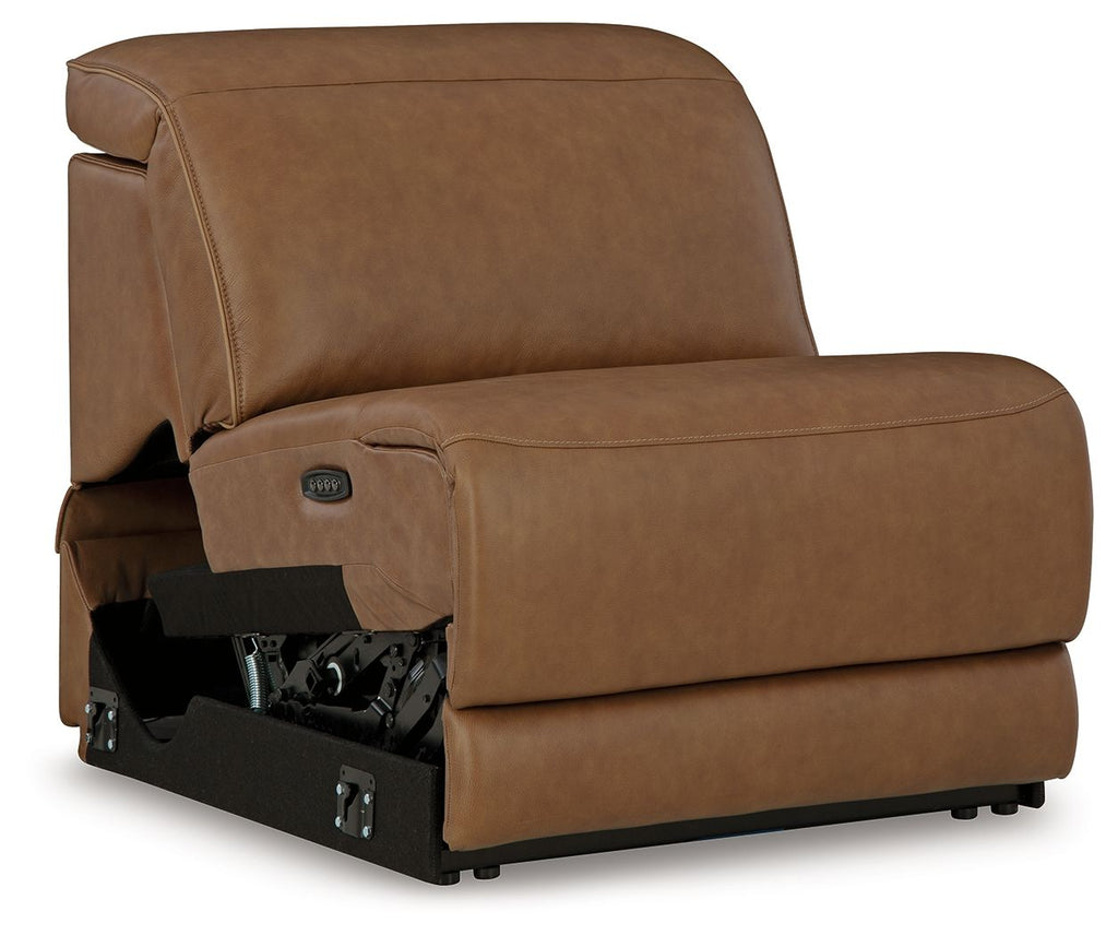 Caramel power armless recliner with adjustable headrest, open power base mechanism