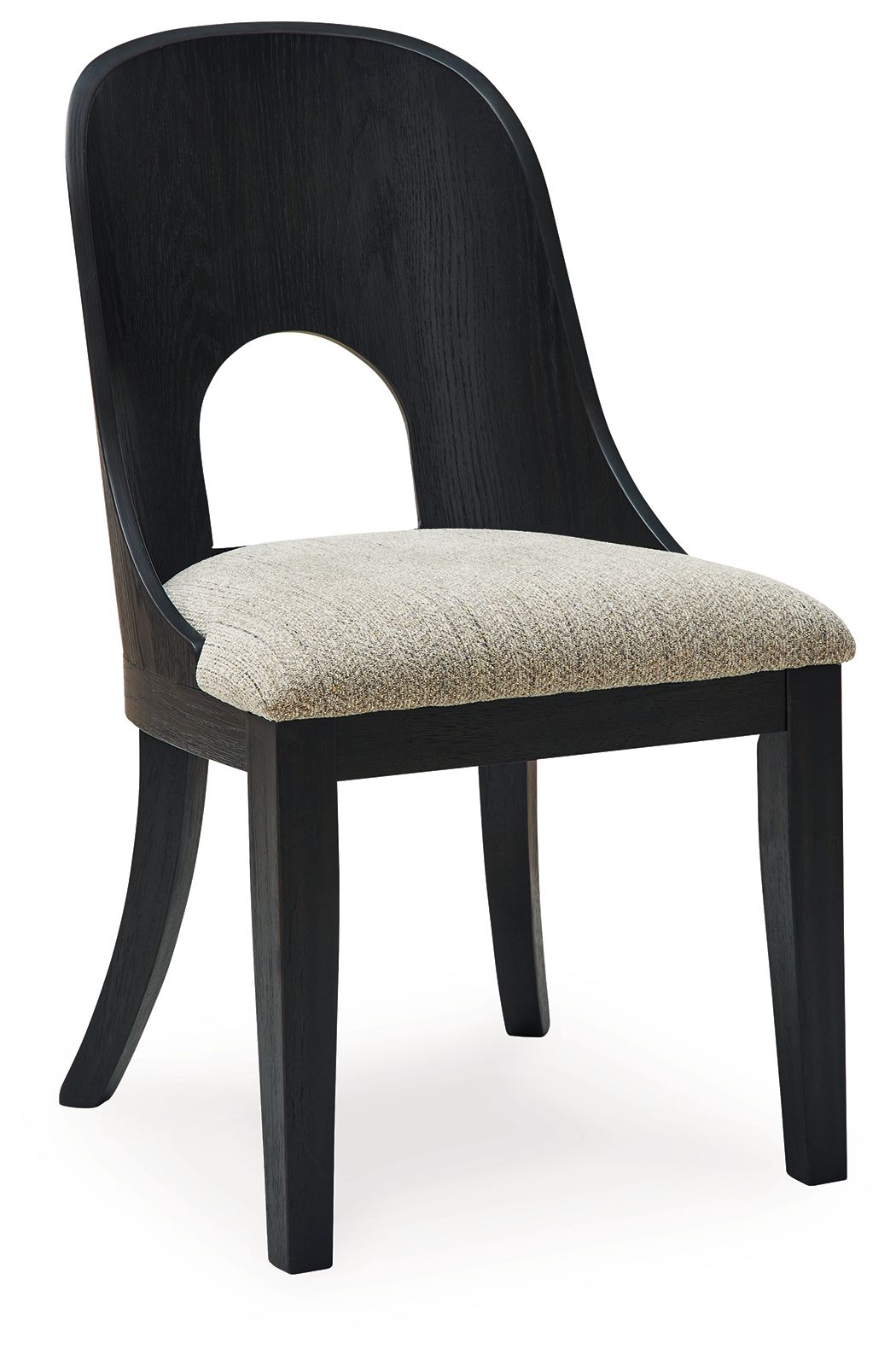 Dining side chair with beige upholstered seat and dark curved back, armless