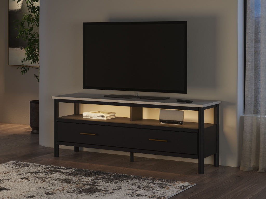 Black media TV stand with open shelf and two drawers, flat top for TV