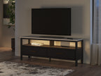 Black media TV stand with open shelf and two drawers, flat top for TV