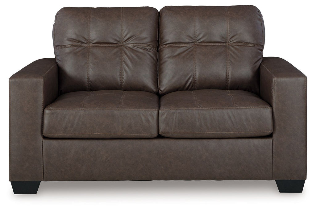 Dark brown loveseat front view with tufted back and two cushioned seat sections