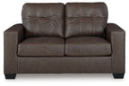 Dark brown loveseat front view with tufted back and two cushioned seat sections