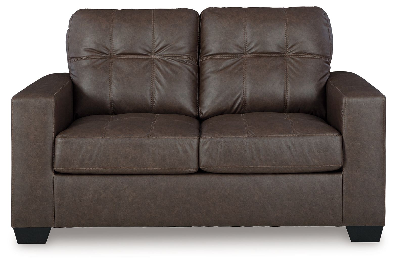 Dark brown loveseat front view with tufted back and two cushioned seat sections