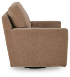 Light brown swivel accent chair viewed from an angled side.
