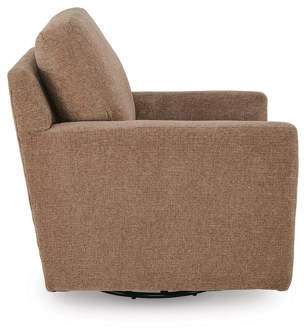 Light brown swivel accent chair viewed from an angled side.