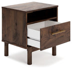Mocha one-drawer night stand with drawer open, showing storage and gold handle
