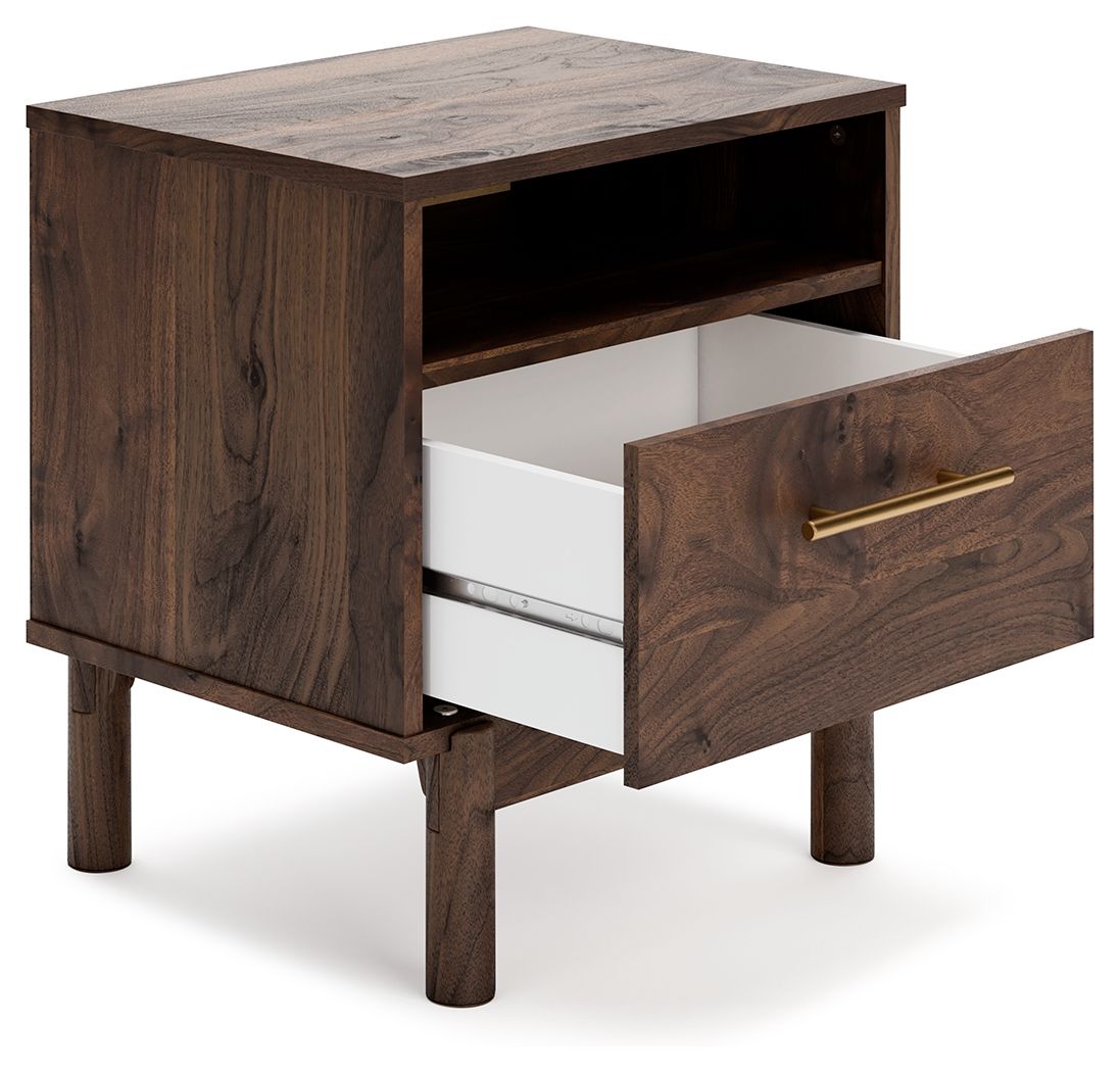 Mocha one-drawer night stand with drawer open, showing storage and gold handle