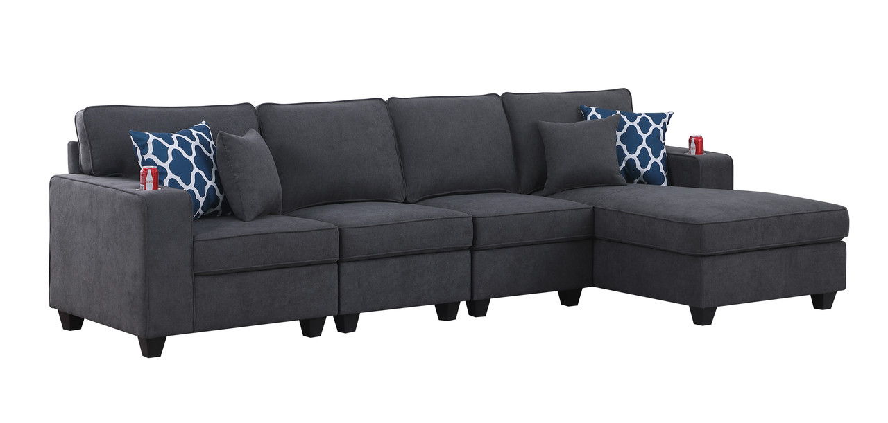 Cooper - Woven Fabric 4 Piece Sectional Sofa Chaise With Cupholder - Stone Gray