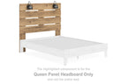 Brown wooden queen panel headboard with horizontal slat openings and two top lamp fixtures