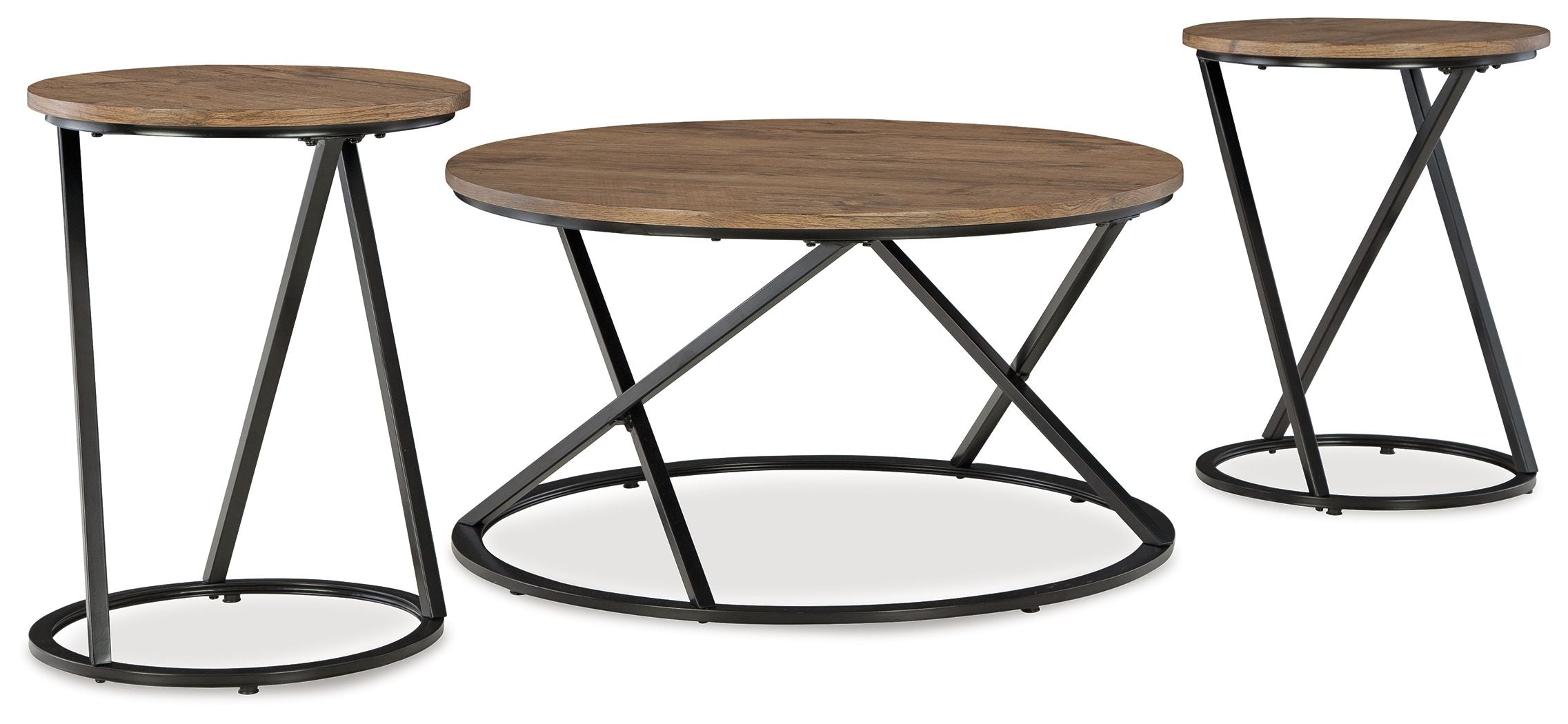 Set of 3 round side tables with wood tops and black metal X-style legs