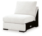 Light chalk armless chair with textured fabric cushion and dark side panels
