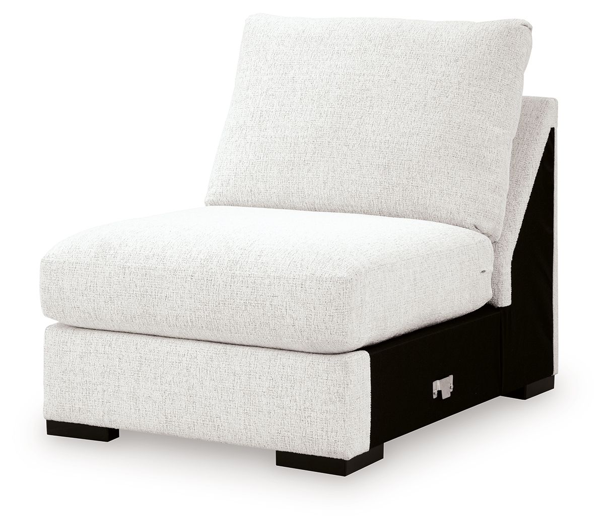Light chalk armless chair with textured fabric cushion and dark side panels